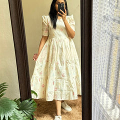 Beautiful Embroidered White Cotton Midi Kurti