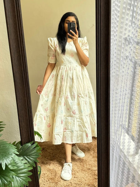 Beautiful Embroidered White Cotton Midi Kurti