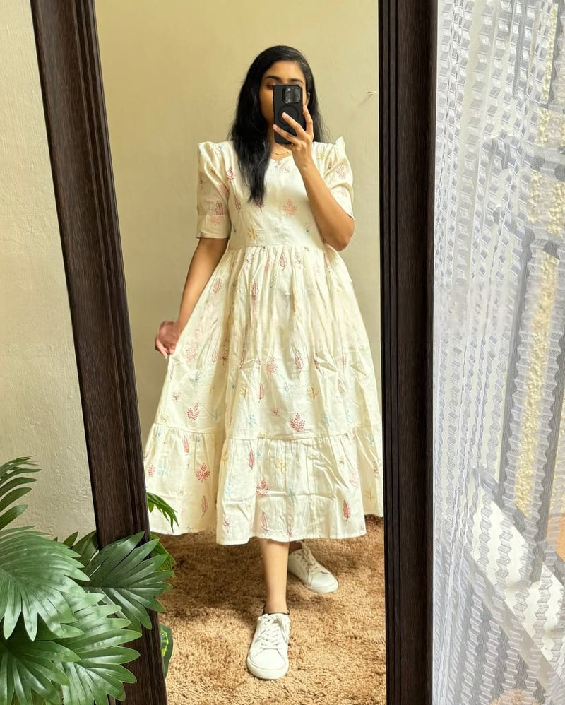 Beautiful Embroidered White Cotton Midi Kurti