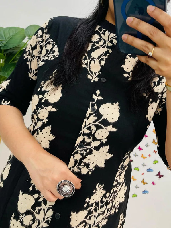 Black Printed Cotton A-Line Co-ord Set