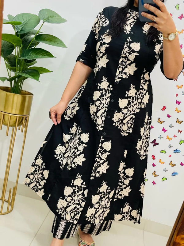 Black Printed Cotton A-Line Co-ord Set