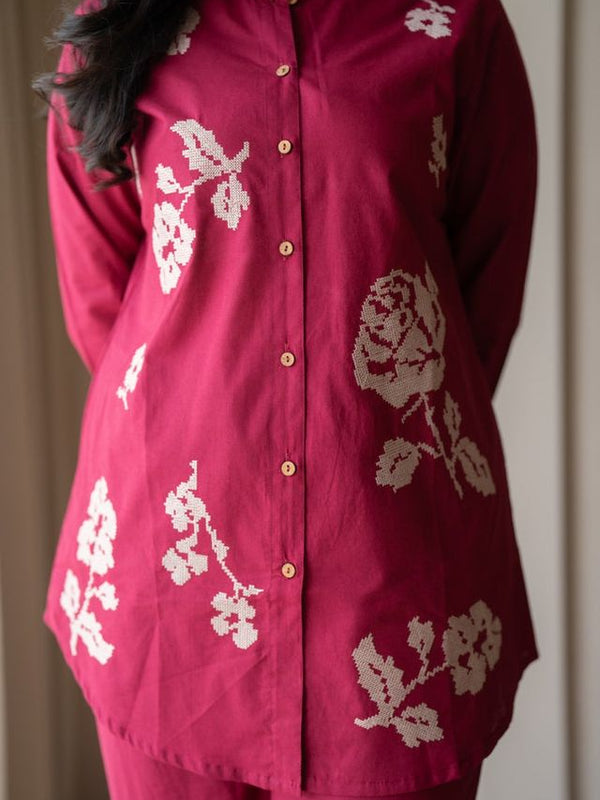 Embroidery Work Cotton Flex Magenta Co_ord Set