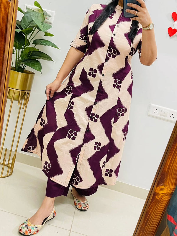 Purple Printed Cotton Kurti & Palazzo Set
