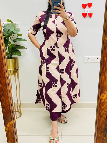Purple Printed Cotton Kurti & Palazzo Set