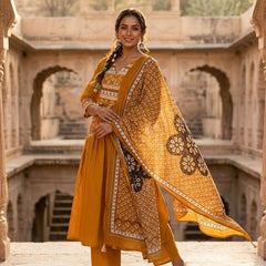 A-line Printed Mustard Color Suit Set