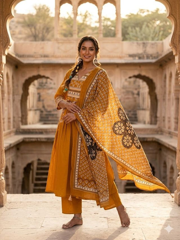 A-line Printed Mustard Color Suit Set