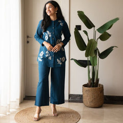 Embroidery Work Cotton Flex Teal Blue Co_ord Set