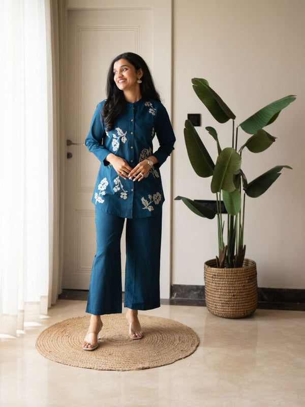 Embroidery Work Cotton Flex Teal Blue Co_ord Set