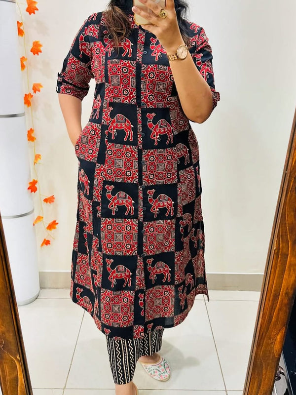 Camel Print Black Kurti Palazzo Set