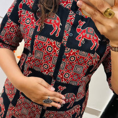 Camel Print Black Kurti Palazzo Set