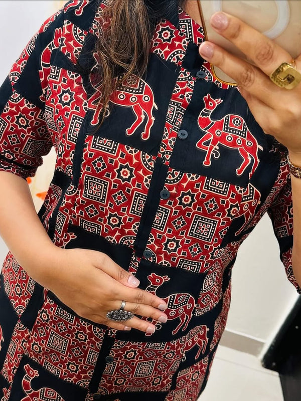 Camel Print Black Kurti Palazzo Set