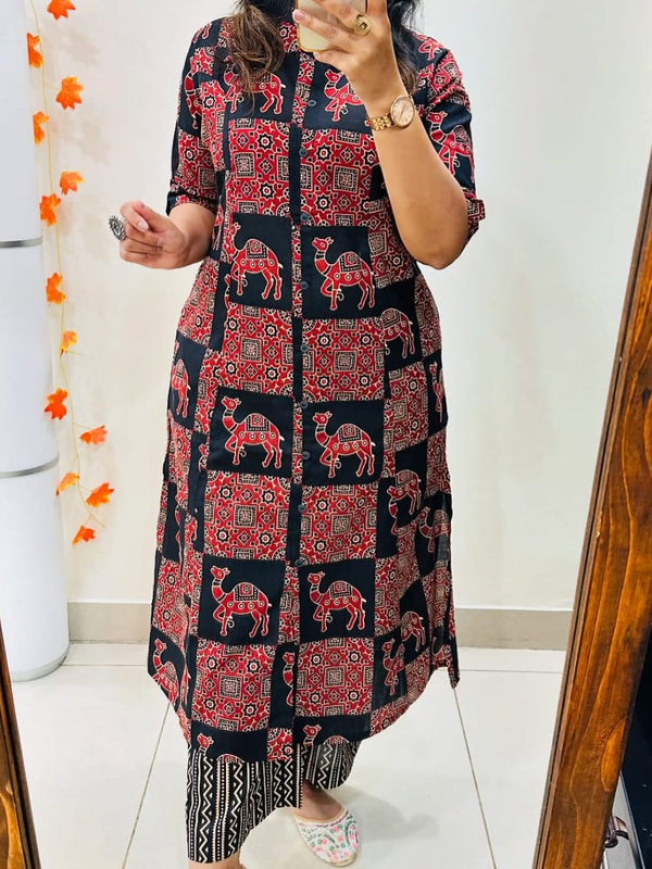 Camel Print Black Kurti Palazzo Set