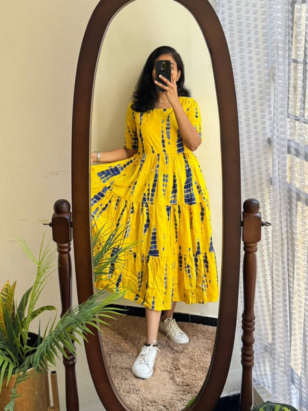 Beautiful Tie-Dye Print Cotton Full Flare Midi Gown