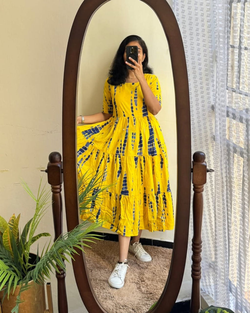Beautiful Tie-Dye Print Cotton Full Flare Midi Gown