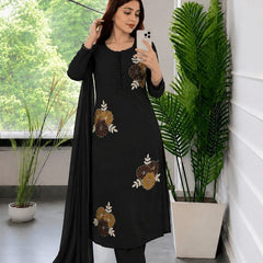 Embroidery Work Black Cotton Suit Set
