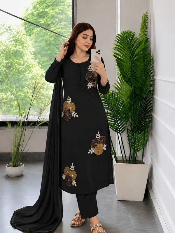Embroidery Work Black Cotton Suit Set