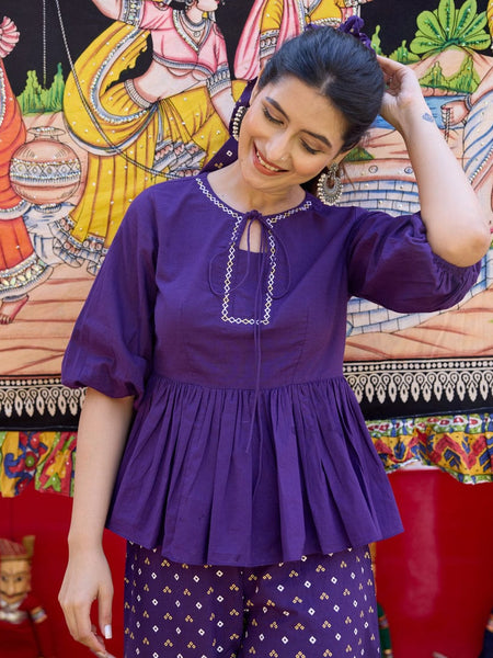 Blue Cotton Embroidery Work Co-ord Set