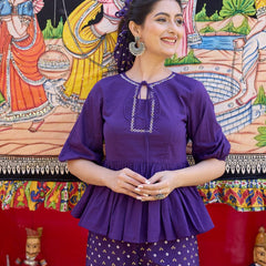 Blue Cotton Embroidery Work Co-ord Set