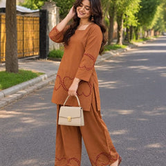 Embroidery Work Bright Rust Cotton Farshi Salwar Set