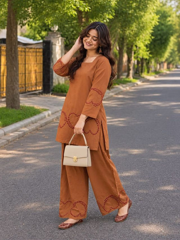 Embroidery Work Bright Rust Cotton Farshi Salwar Set