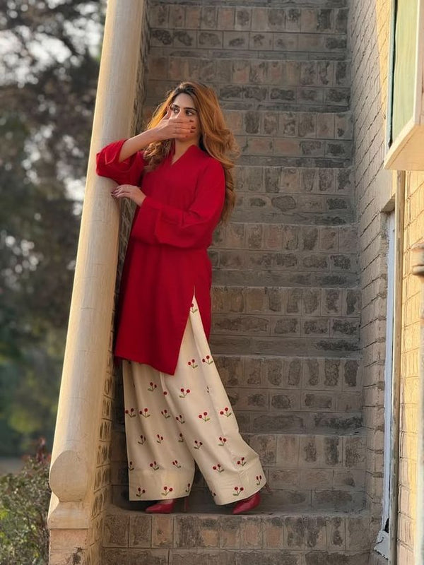 Chery Embroideried Work Red Farshi Salwar Set