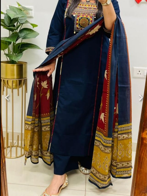 Embroidery Work Blue Cotton Suit Set