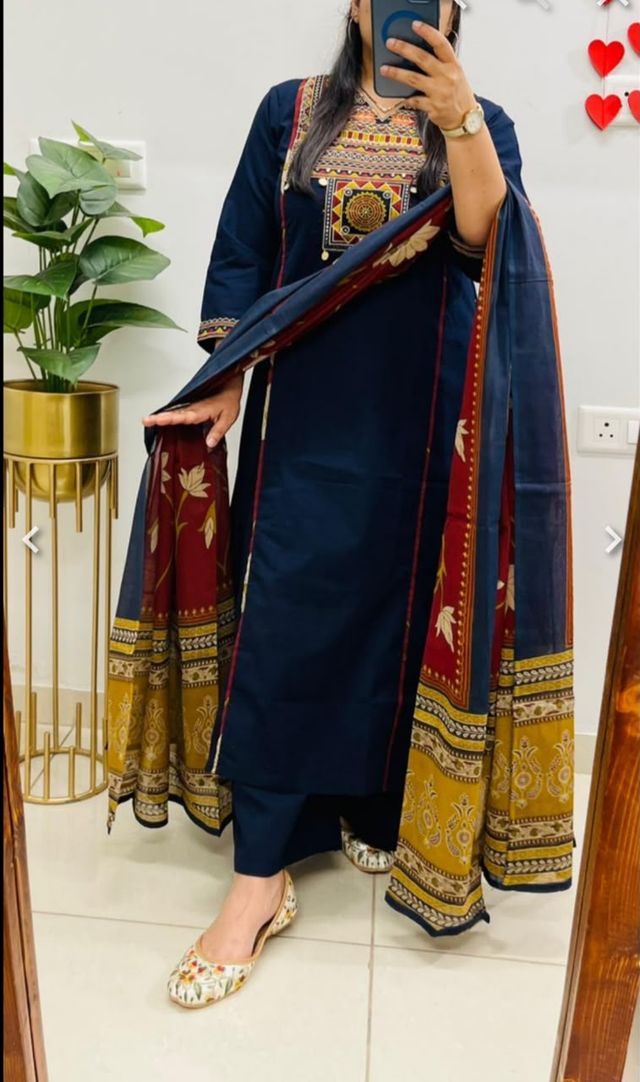 Embroidery Work Blue Cotton Suit Set