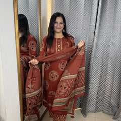 Deisgner Lace Work Brick Red Cotton Suit Set