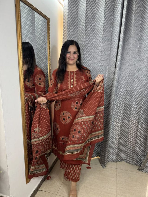 Deisgner Lace Work Brick Red Cotton Suit Set