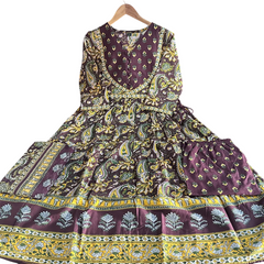 Beautiful Printed Anarkali Cotton Yellow Suit Set