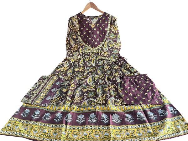 Beautiful Printed Anarkali Cotton Yellow Suit Set