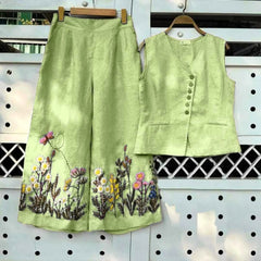 Green Embroidered Cotton Slub Co-ord Set