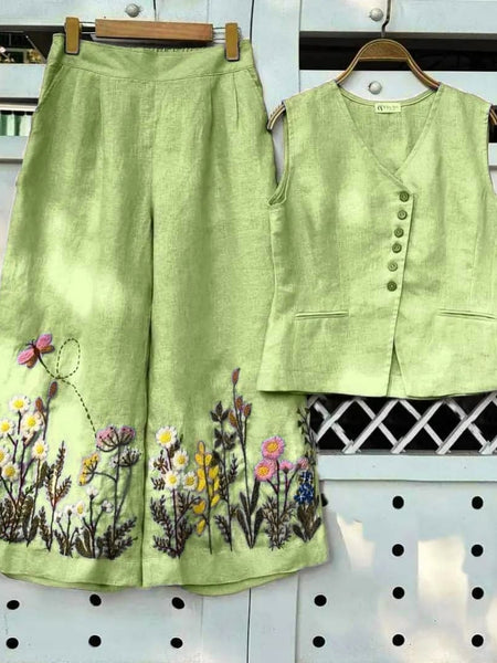 Green Embroidered Cotton Slub Co-ord Set