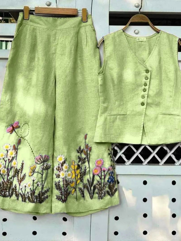 Green Embroidered Cotton Slub Co-ord Set
