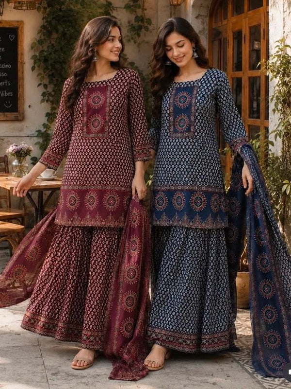 Beautiful Printed Maroon Cotton Gopi Dress Set
