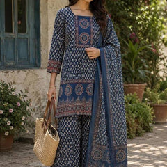 Beautiful Printed Blue Cotton Gopi Dress Set