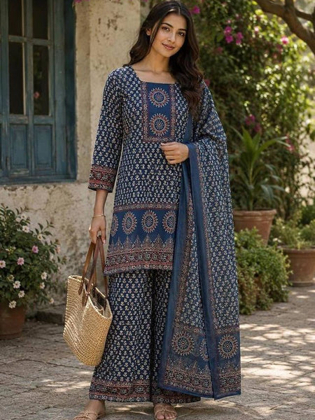 Beautiful Printed Blue Cotton Gopi Dress Set