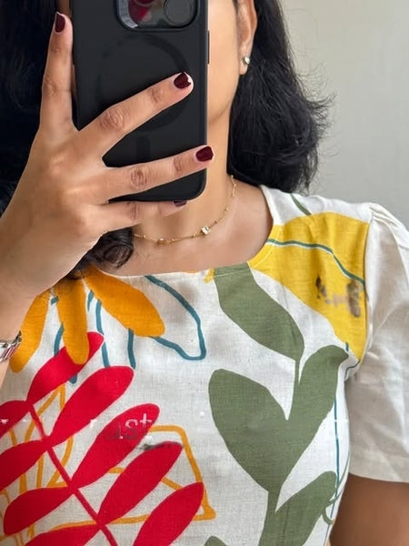 Beige Cotton Flex Floral Print Midi Kurti