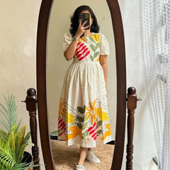 Beige Cotton Flex Floral Print Midi Kurti