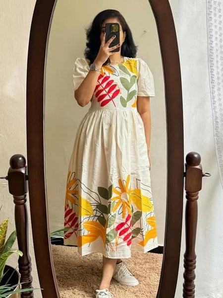 Beige Cotton Flex Floral Print Midi Kurti