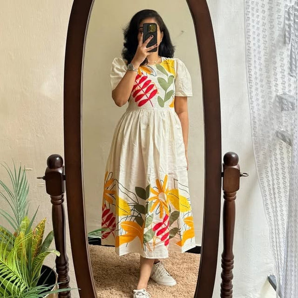 Beige Cotton Flex Floral Print Midi Kurti