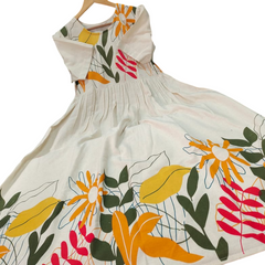 Beige Cotton Flex Floral Print Midi Kurti