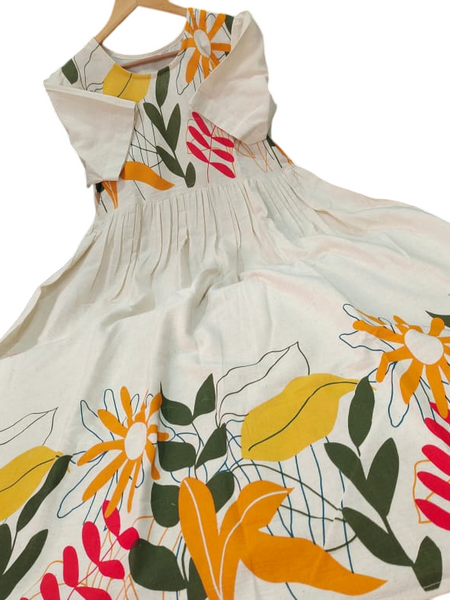 Beige Cotton Flex Floral Print Midi Kurti