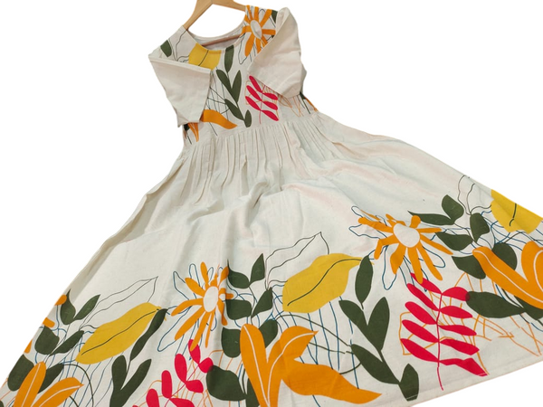 Beige Cotton Flex Floral Print Midi Kurti