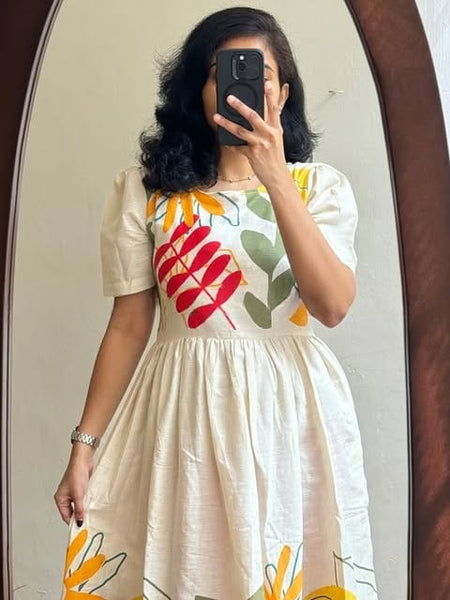 Beige Cotton Flex Floral Print Midi Kurti