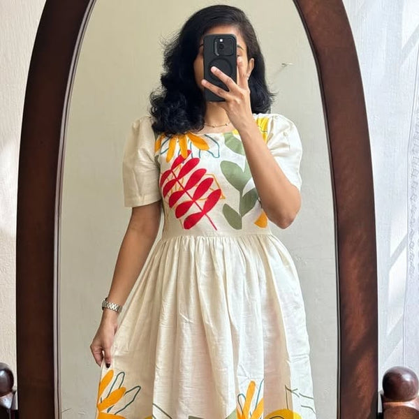 Beige Cotton Flex Floral Print Midi Kurti