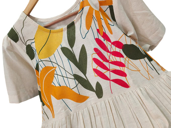 Beige Cotton Flex Floral Print Midi Kurti