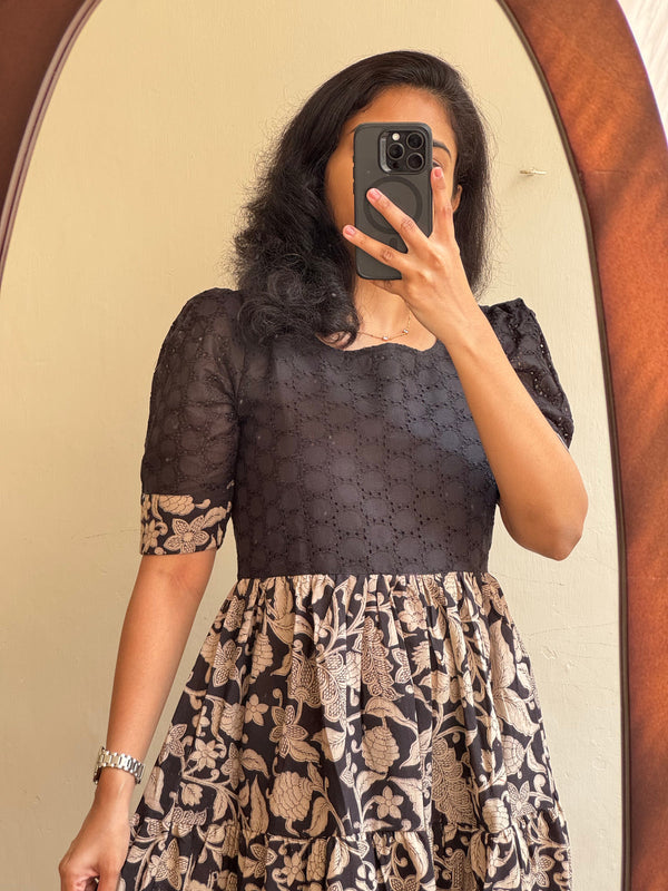 Black Chikankari Schiffli Cotton Midi Gown