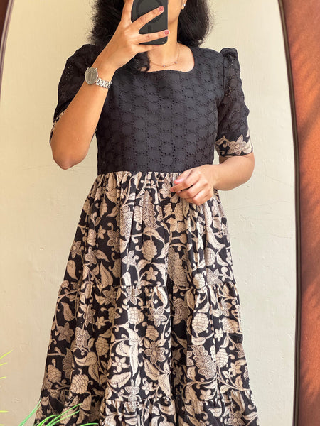 Black Chikankari Schiffli Cotton Midi Gown