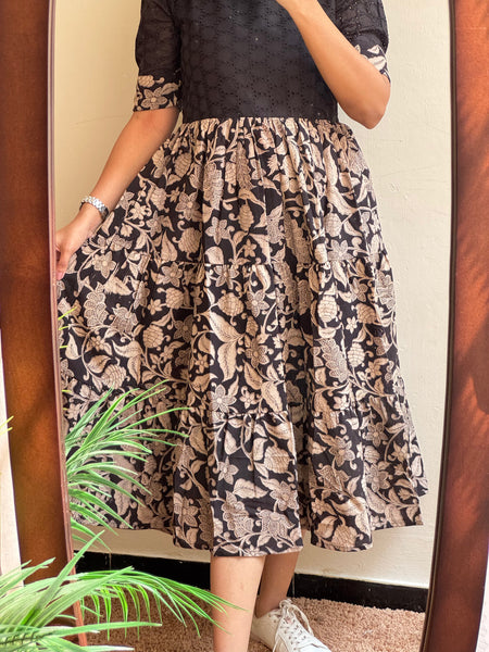 Black Chikankari Schiffli Cotton Midi Gown